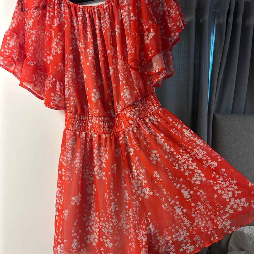 Red/coral Floral Off-Shoulder Ruffled romper